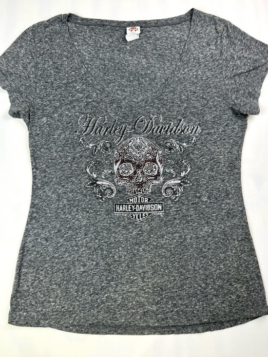 Harley-Davidson Tops - Harley-Davidson Rhinestone Sugar Skull V-Neck Graphic Tee Gray Women's L